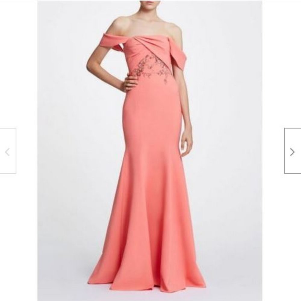 NWT Marchesa Notte Coral Off Shoulder Embellished Crepe Gown Dress 4